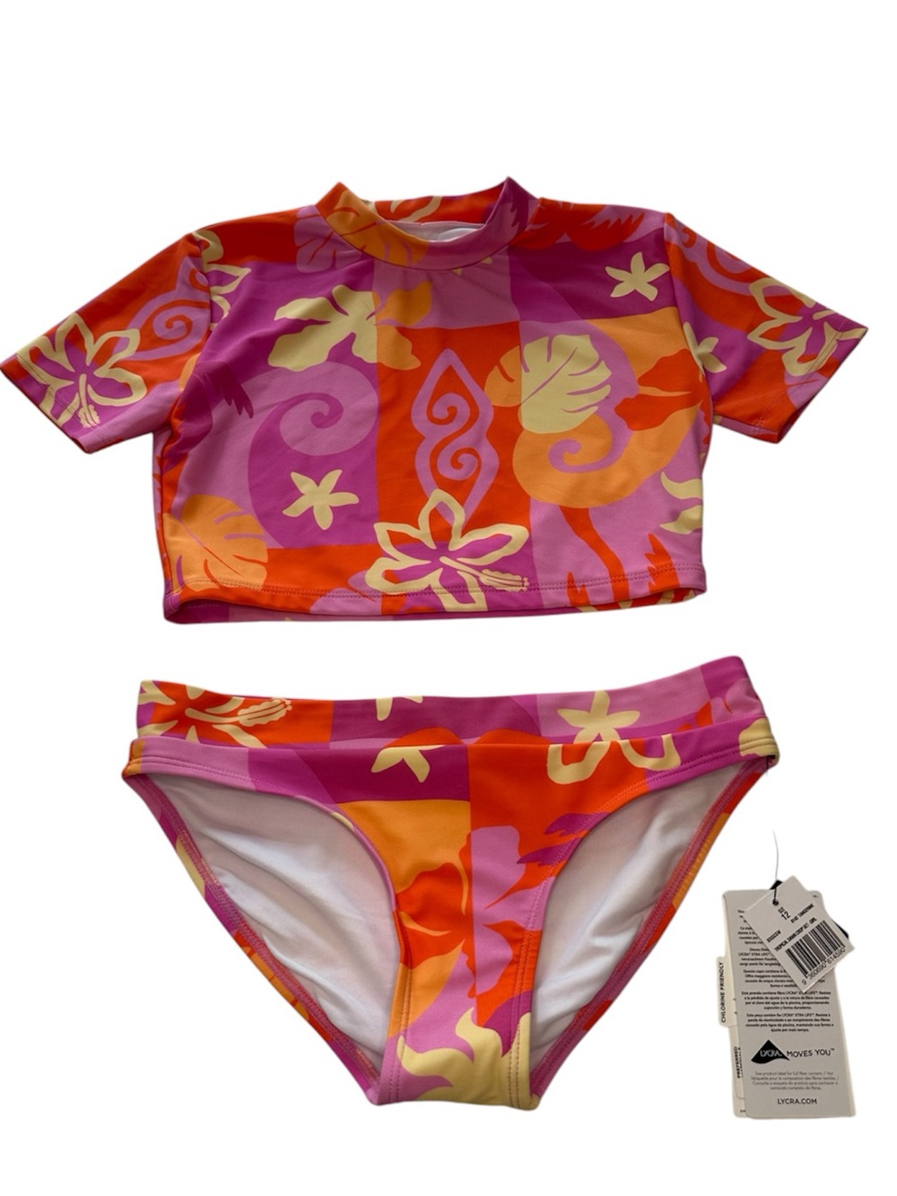 Rip Curl Bikini Two Piece Swimsuit Crop Top Floral Short Sleeve Pink Girls 12